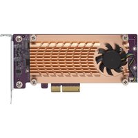 Copper-colored QNAP QM2-2S-220A M.2 interface card with cooling fan and PCIe connector.