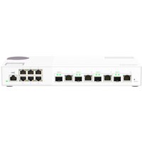 White QNAP QSW-M2106-4C network switch with eight Ethernet ports and LED indicators on the front panel.