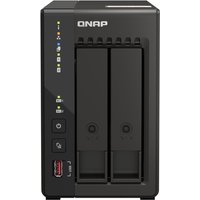 Black QNAP QVP-21C NAS tower with dual drive bays, LED indicators, and front USB port.