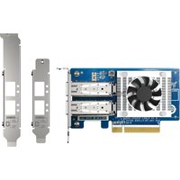 Blue QNAP QXG-25G2SF-CX6 network card with dual SFP28 ports and a small cooling fan, includes two metal brackets.