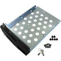 Black and silver QNAP data storage tray with perforated metal base, mounting screws, and keys.