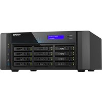 Black QNAP TS-H1277AFX-R7-32G NAS server with multiple drive bays, LED display, and sleek front panel design.