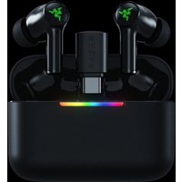 Black Razer Hammerhead V3 wireless earbuds with green logo, charging case, and RGB lighting strip.