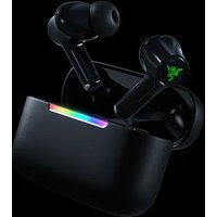 Black Razer Hammerhead V3 X HyperSpeed wireless earbuds with RGB lighting in a sleek charging case.