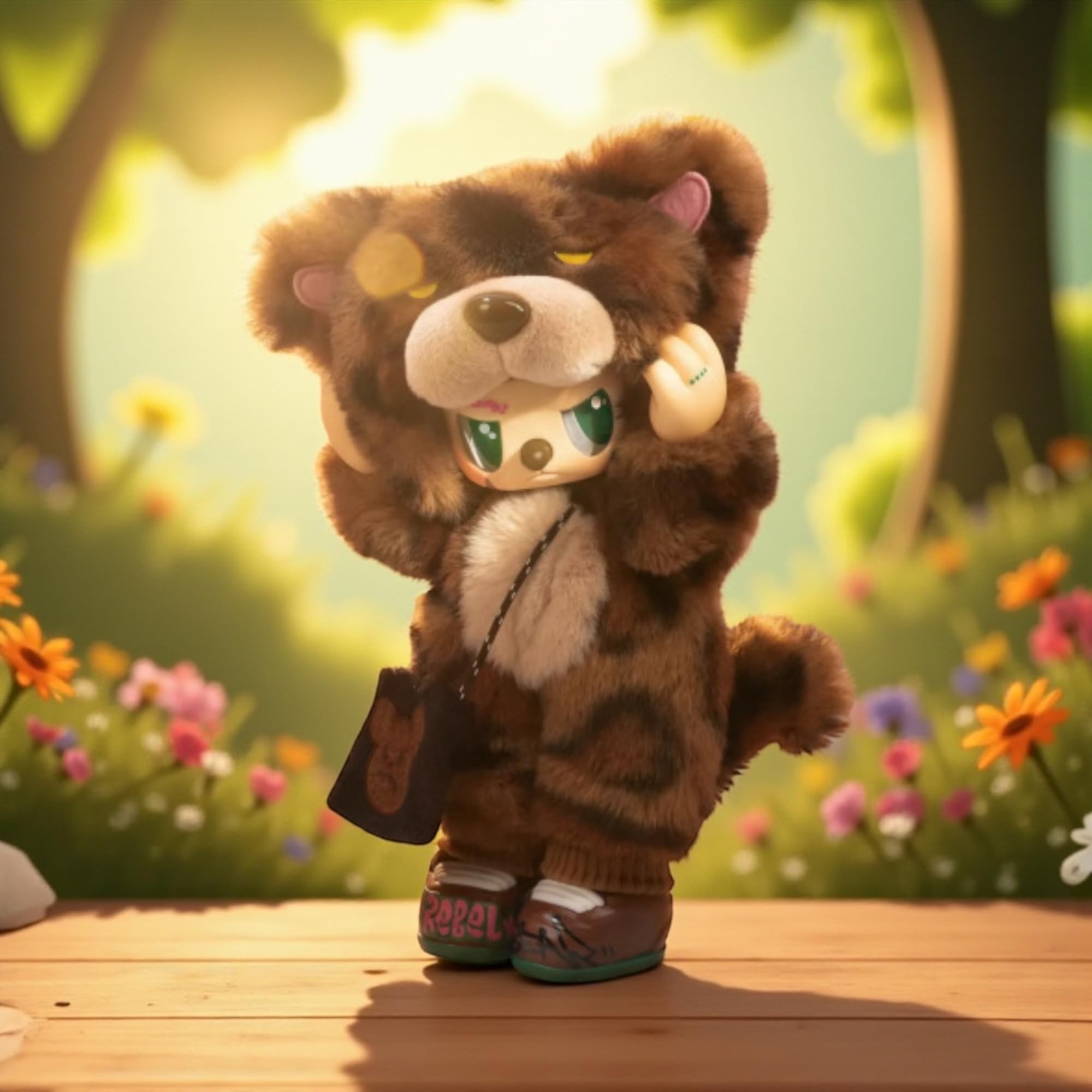 Colorful plush toy figure in a brown bear costume with a panda face, featuring big blue eyes, standing on a wooden surface surrounded by flowers and greenery.