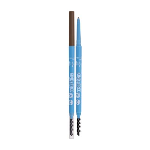 Rimmel Kind & Free Eyebrow Definer in #002 Taupe features a dual-ended design with a taupe pencil on one side and a spoolie brush on the other, housed in a light blue casing.