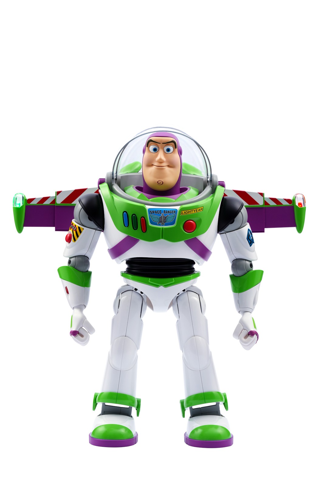 Robosen Buzz Lightyear robot features a glossy white and green body, purple accents, movable limbs, and a helmet with a clear visor, showcasing iconic Toy Story details.