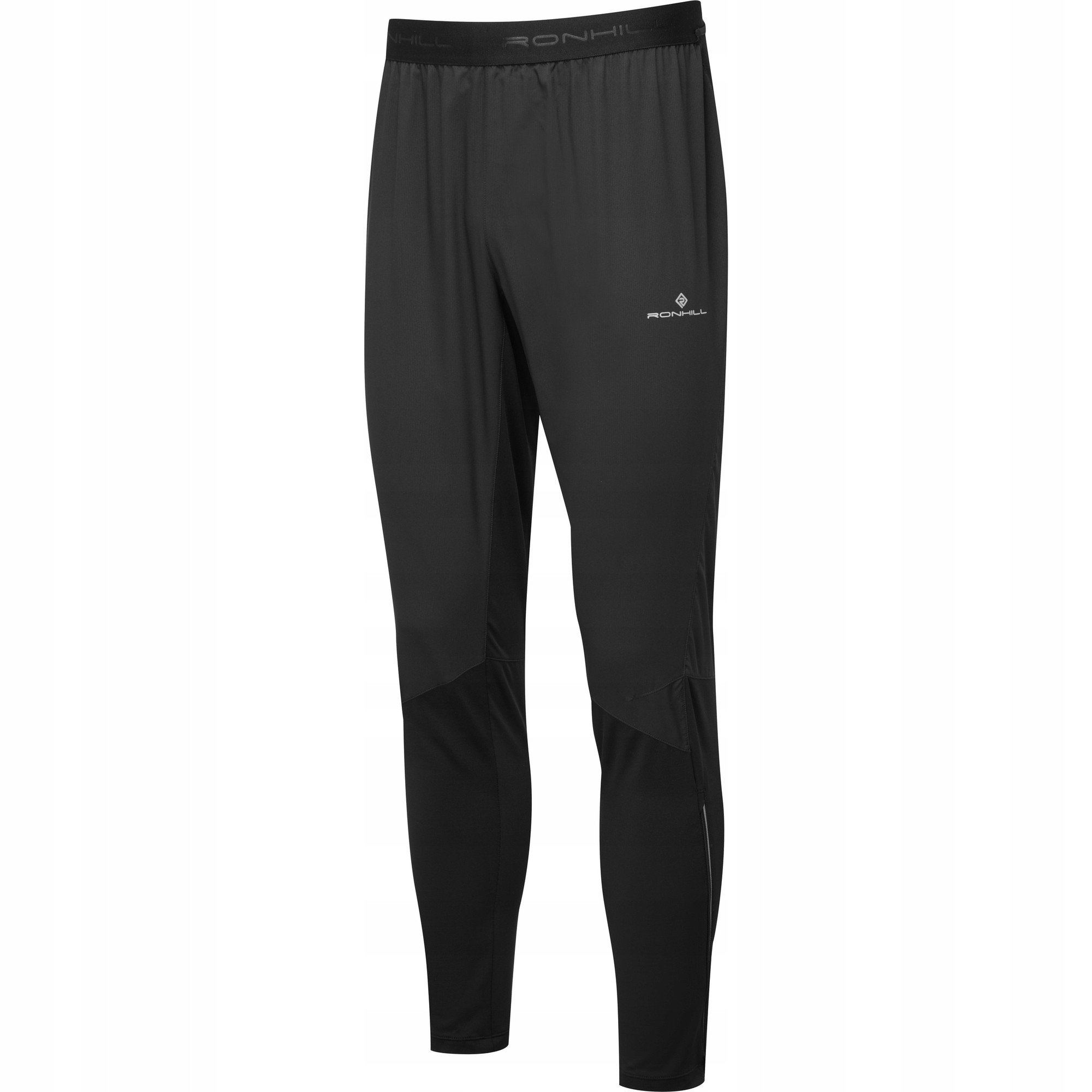 Long black running pants for men by Ronhill, made from lightweight, breathable material, featuring a snug fit and reflective logo for visibility during outdoor activities.