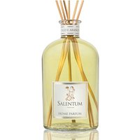 Clear glass bottle with yellow liquid, labeled "Salentum Fico e Arancio," featuring reed sticks for diffusion.