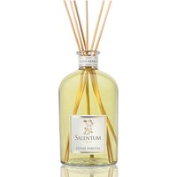 Clear glass bottle with yellow liquid, labeled "Salentum," featuring wooden diffuser sticks.