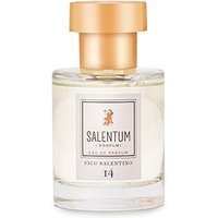 Clear glass bottle of Salentum Fico Salentino Eau de Parfum with gold cap and label, 50 ml unisex citrus fragrance.