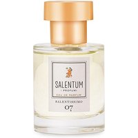 Clear glass bottle of Salentum Salentissimo Eau de Parfum with gold cap and citrus-themed label, 100 ml.