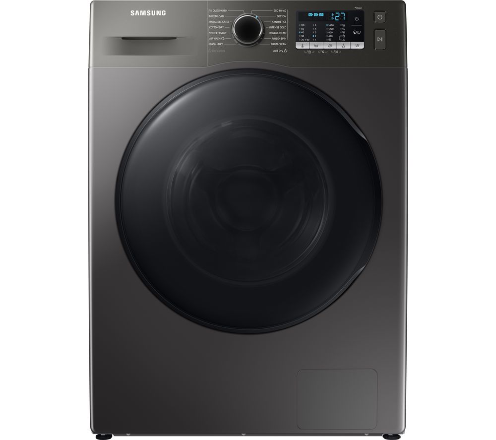 Samsung Washer Dryer Series 5 in platinum silver, featuring a large front-loading door, digital display, and control panel with various wash settings, designed for 8KG washing and 5KG drying capacity.