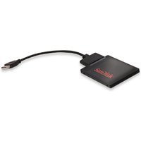 Black SanDisk SSD upgrade tool kit with USB cable and compact square adapter.