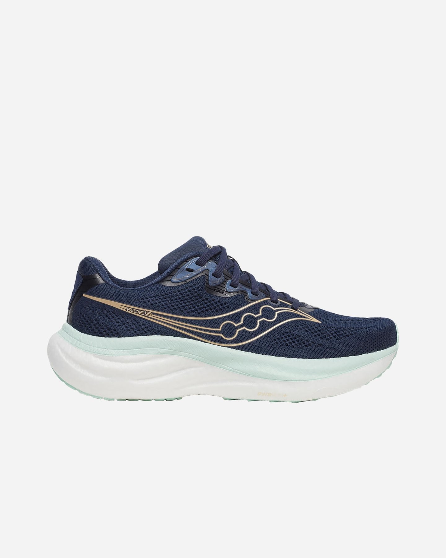 Women's Saucony Ride 19 running shoes in navy and aqua, featuring a breathable mesh upper, cushioned sole, and gold accents on the side for added style.