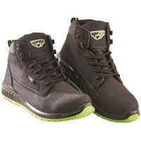 Black Scan JC-P925 Viper safety boots, UK 12, with green soles, padded collar, and metal eyelets.
