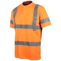 Orange hi-vis polo shirt with grey reflective stripes, short sleeves, and buttoned collar, size XL (46in).