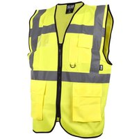 Hi-vis yellow utility waistcoat, reflective stripes, multiple pockets, zip closure, black trim, size XL (48in).