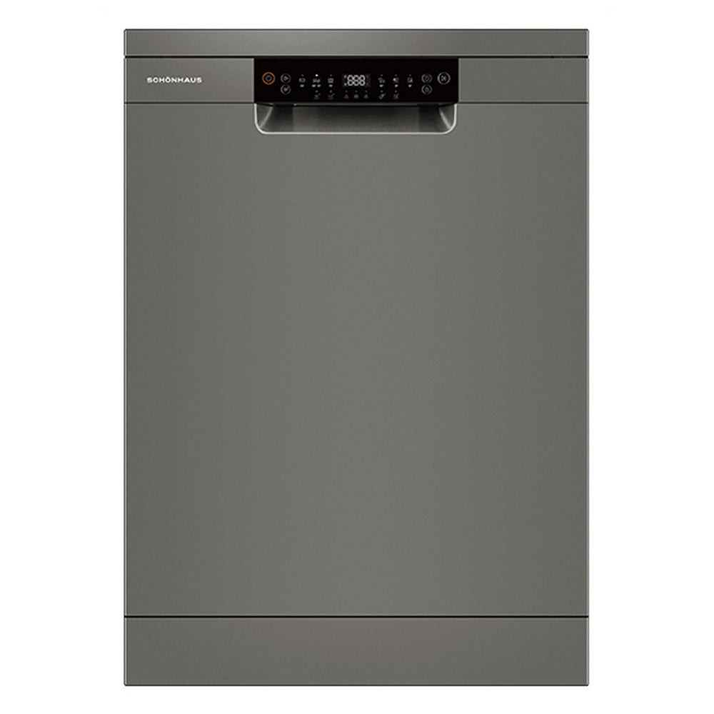 Freestanding full-size dishwasher in graphite color, featuring a sleek design, digital control panel, and capacity for 15 place settings.