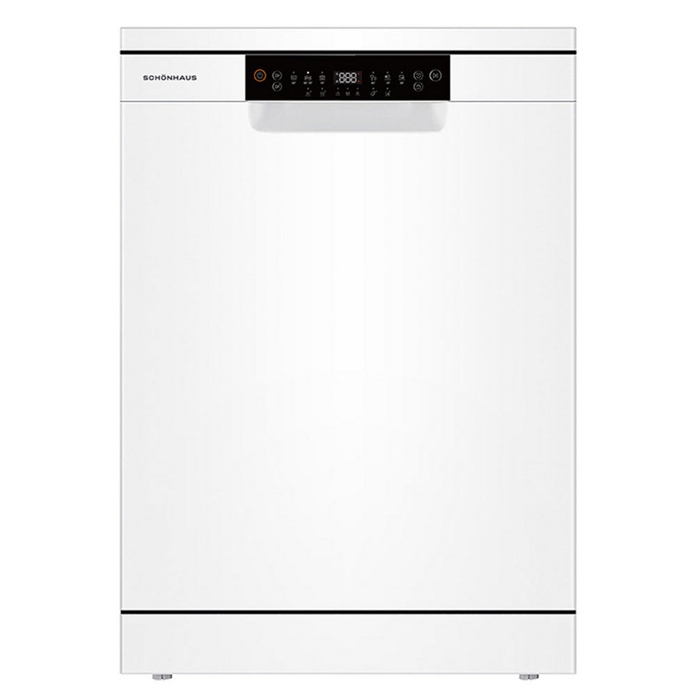 Freestanding white dishwasher with a sleek design, featuring a digital control panel, 15 place settings capacity, and a minimalist black trim.