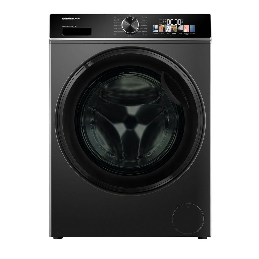 Graphite-colored Schonhaus 8kg heat pump tumble dryer with a large front-loading glass door, digital display, and control dial at the top for easy operation.