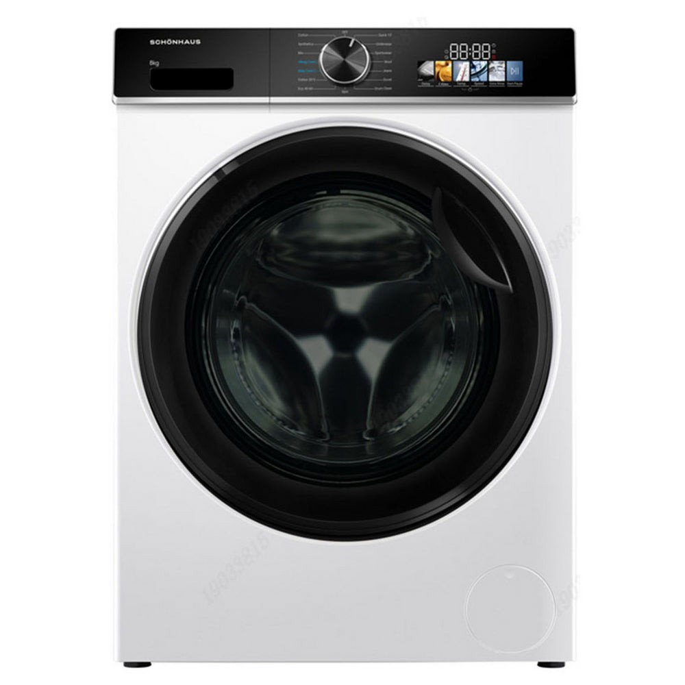 White Schonhaus 8kg heat pump tumble dryer with a black control panel, digital display, and large transparent door, showcasing a modern and sleek design.