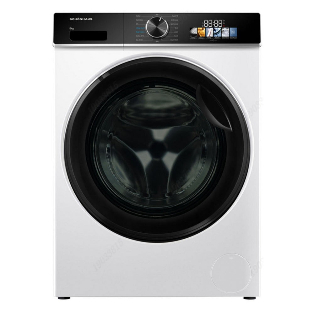 Front view of a white Schonhaus washer dryer, model WDSF0110614AW, featuring a large glass door, digital display, control knob, and 1400 RPM spin speed capability.