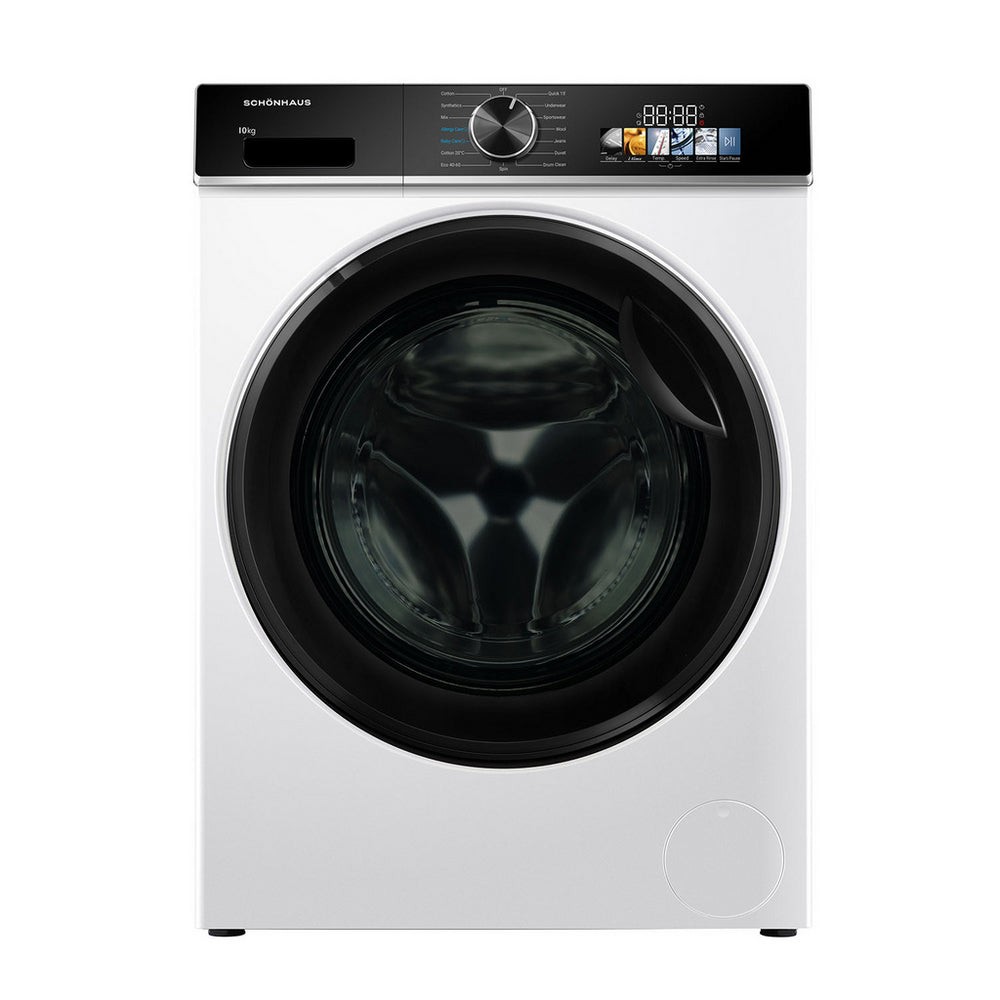 Freestanding white washing machine with a large circular glass door, digital display, control dial, and a capacity of 10kg, featuring a 1400 RPM spin speed.