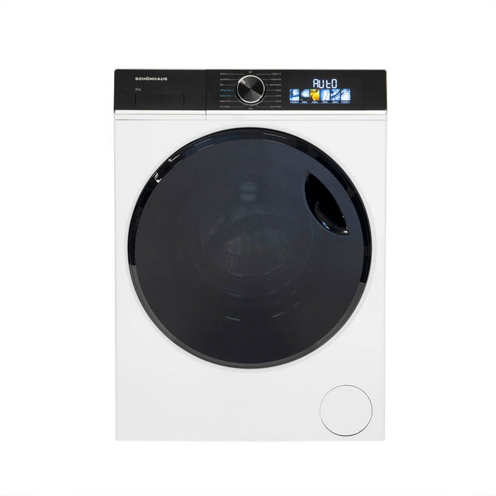 Freestanding white washing machine with a large black door, digital display, and control knob, featuring an 8kg capacity and 1400 RPM spin speed.