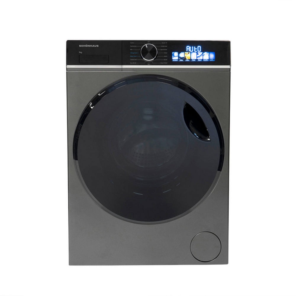Freestanding graphite washing machine with a large circular door, digital display panel, and control knob, featuring a 9kg capacity and 1400 RPM spin speed.