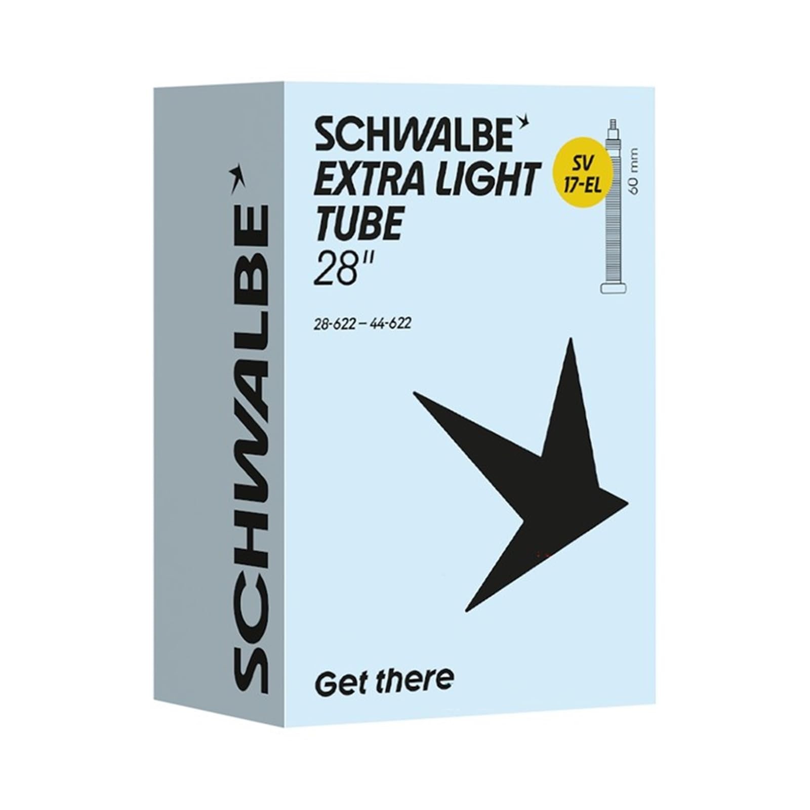 Schwalbe SV17-EL Extra Light Bicycle Inner Tube packaging in light blue with black text, featuring a prominent star logo and specifications for size 28/44-622 and a 60 mm valve.