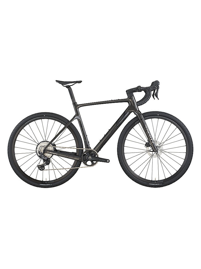 SCOTT Gravelbike Addict Gravel 30 in black, featuring a lightweight carbon frame, drop handlebars, disc brakes, and rugged tires designed for off-road cycling.