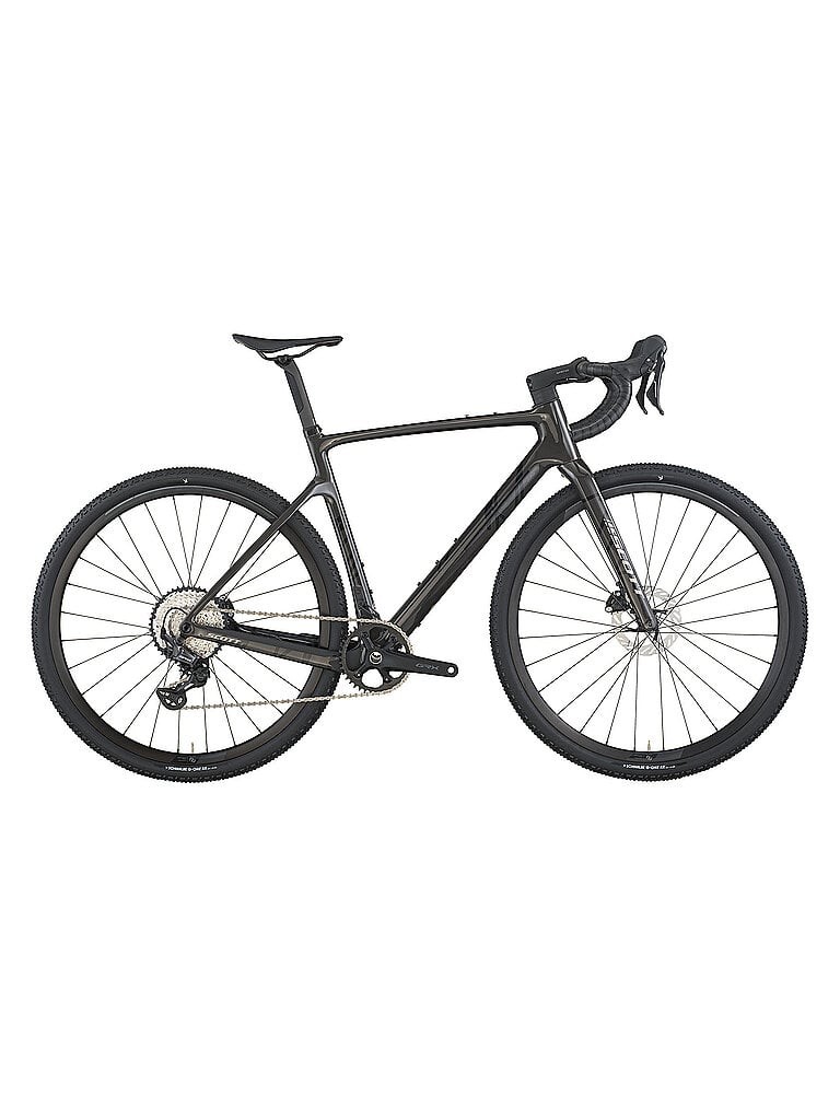 SCOTT Gravelbike Addict Gravel 30 in black, featuring a lightweight carbon frame, disc brakes, and wide tires designed for off-road performance.