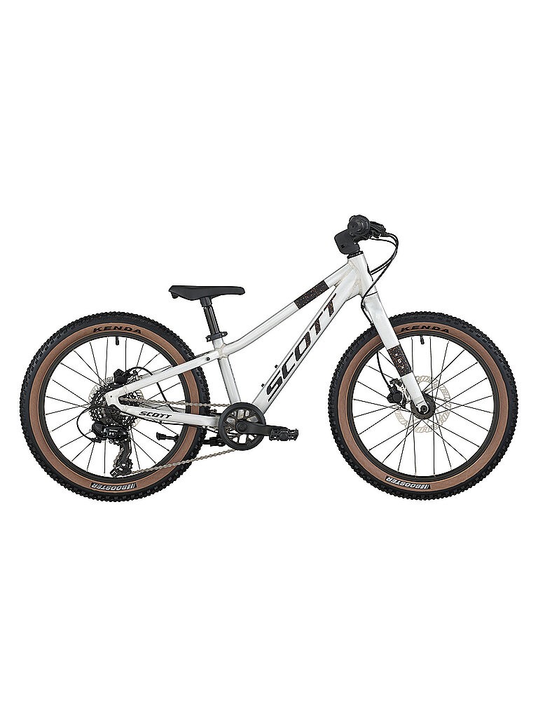 SCOTT Scale 200 youth bike in silver with a lightweight frame, brown tires, and a sleek design, featuring a single gear shifter and front suspension for enhanced performance.
