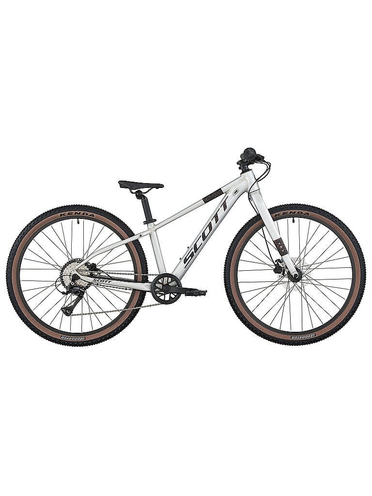 Silver SCOTT Scale 600 youth bike featuring a lightweight frame, black handlebars, knobby tires with brown sidewalls, and a sleek design for off-road cycling.