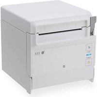 White Seiko Instruments dot matrix POS printer with square design, front paper slot, and control buttons on the side.