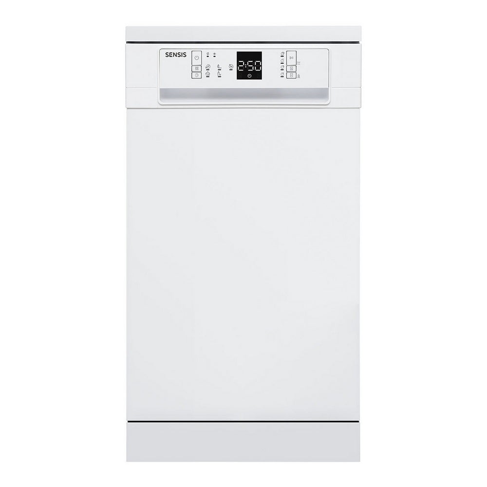 Freestanding slimline dishwasher in white with a digital control panel, featuring 10 place settings and a sleek, modern design.