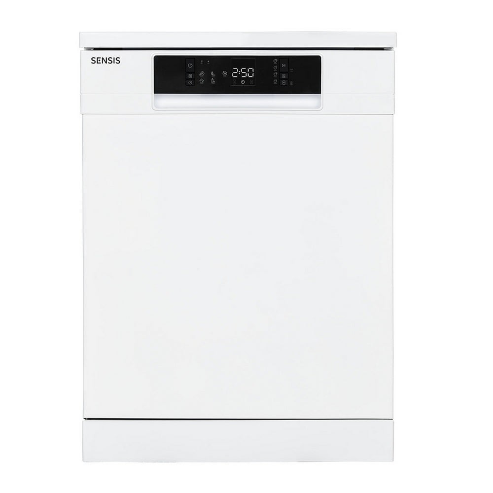 Freestanding white dishwasher with a sleek design, featuring a digital control panel and capacity for 14 place settings.