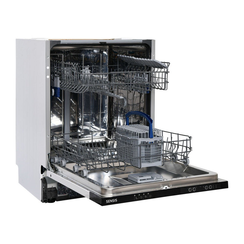 Integrated full-size dishwasher with a sleek stainless steel finish, featuring two adjustable wire racks, a cutlery basket, and a control panel with buttons and a display.