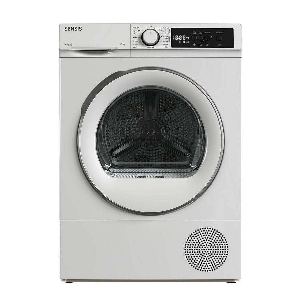 White Sensis TDHF018A2W 8kg heat pump tumble dryer featuring a large transparent door, digital control panel, and a sleek design with a front vent.