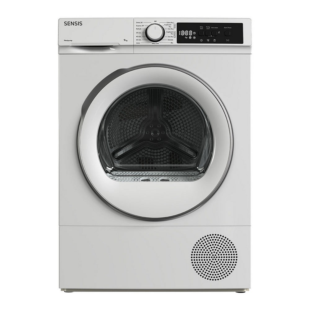 Sensis TDHF019A2W 9kg heat pump tumble dryer in white, featuring a large circular door, digital display with control panel, and vent at the bottom for efficient drying.