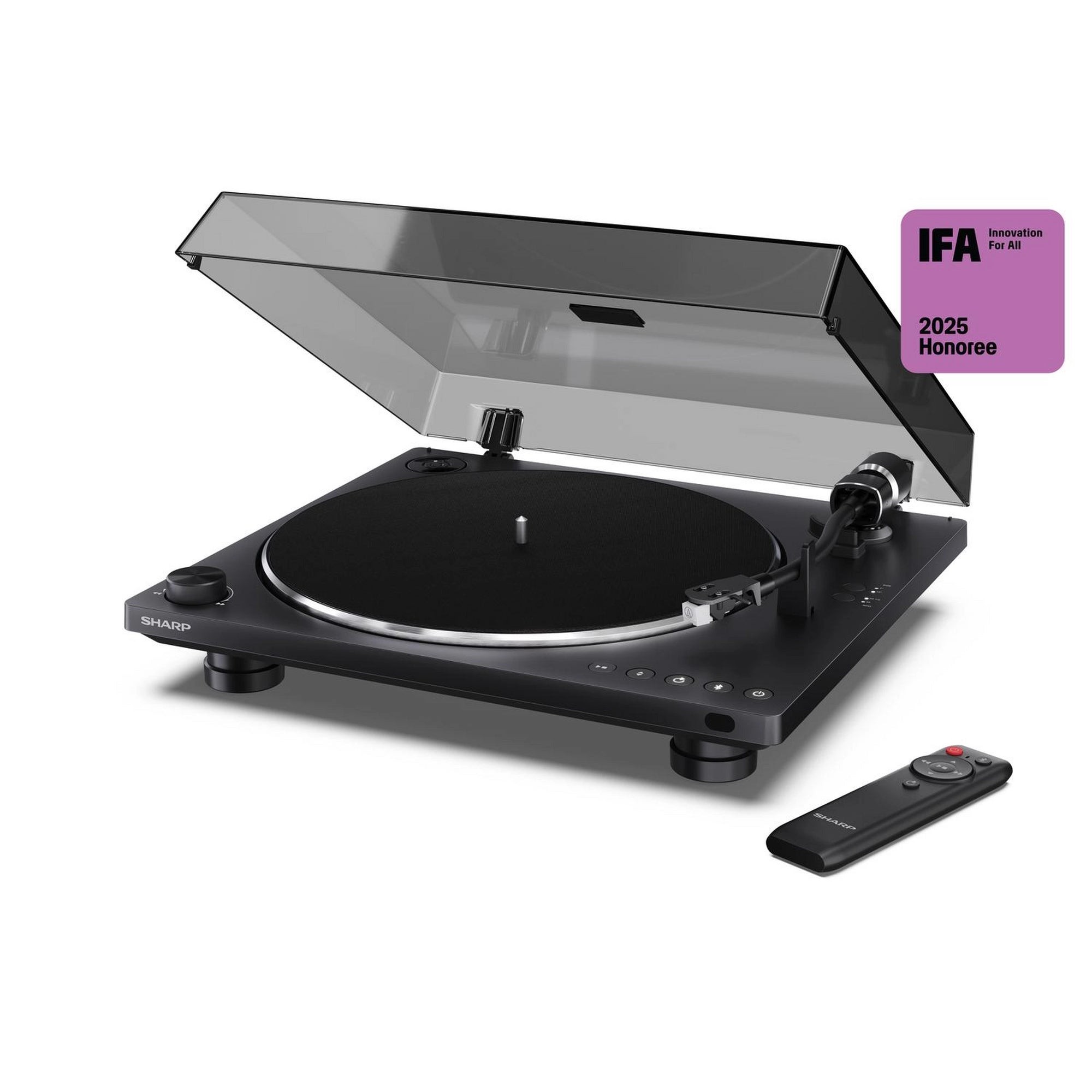 Sharp RP-TT100 Bluetooth turntable in black features a sleek design with a transparent dust cover, built-in preamp, and includes a remote control for easy operation.
