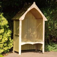 Wooden Shire Balsam Garden Arbour Seat with peaked roof, natural finish, and lattice sides, 4' x 2'.
