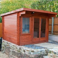 Wooden Shire Belgravia log cabin, 3.6m x 3m, with double glass doors, flat roof, and natural wood finish.