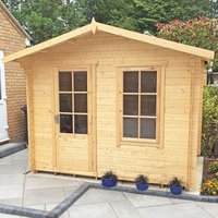 Wooden Shire Bucknells 3m x 3m log cabin summerhouse with double doors, windows, and pitched roof.