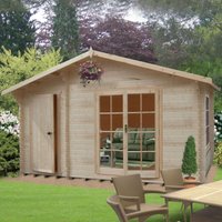 Wooden log cabin summerhouse with large front windows, single door, and pitched roof, set in a garden.