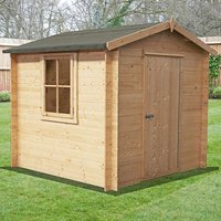 Shire Danbury log cabin shed, natural wood finish, single window, pitched roof, and single door on grassy lawn.