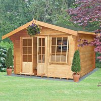 Shire Hale 3.6m x 3.6m log cabin summerhouse, wooden structure with double doors and windows, surrounded by greenery.