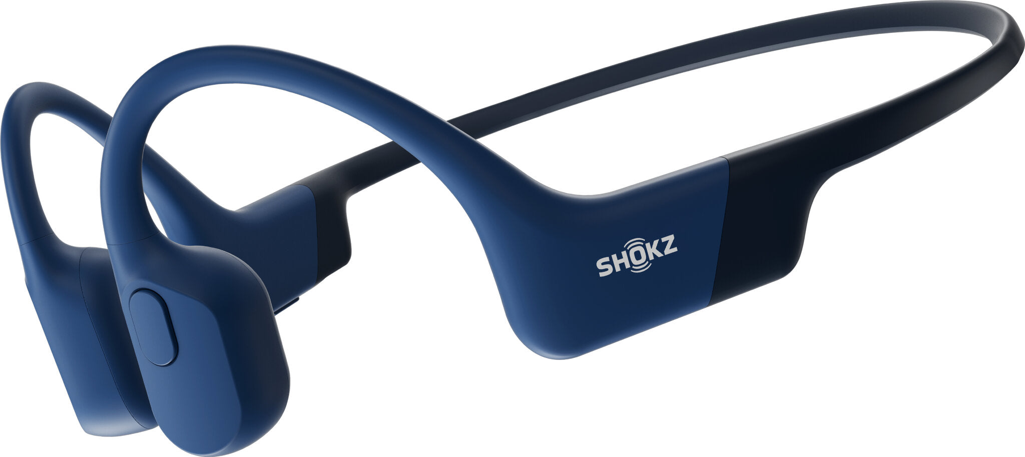 Blue SHOKZ OpenRun Mini Bluetooth wireless headphones featuring a lightweight design, flexible band, and open-ear style for comfort and safety during use.