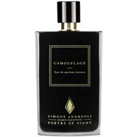 Black rectangular bottle of Simone Andreoli Camouflage Eau de Parfum, gold accents, sleek unisex design.